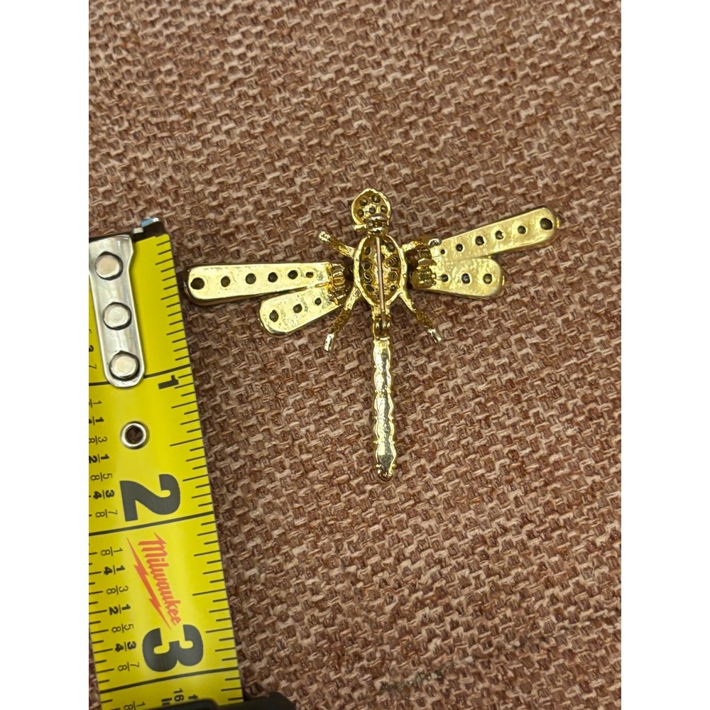 Gold Tone Rhinestone Dragonfly Brooch Vintage Style Insect Pin Crystal Jewelry - Picture 5 of 5